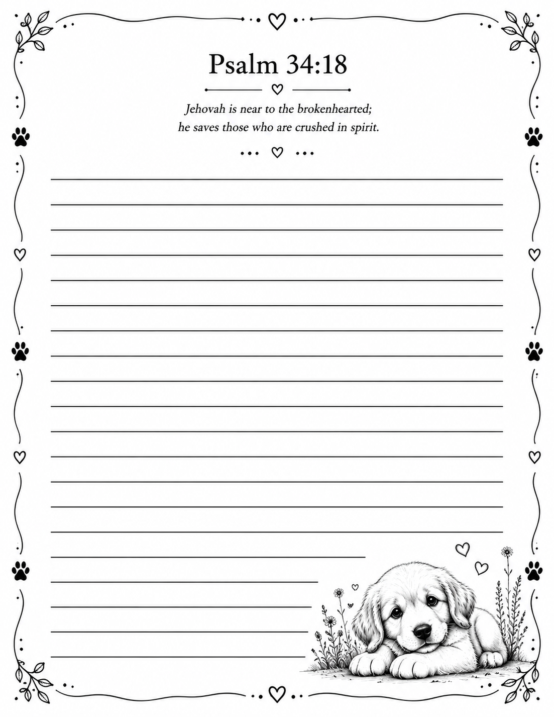 Black and White Puppy printable letter paper with Psalm 34:18