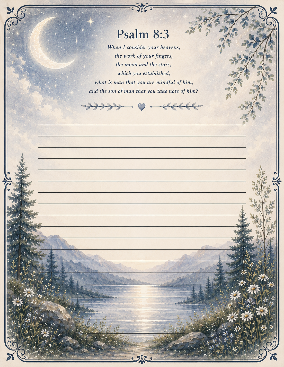 Moonlit Mountain printable letter paper with Psalm 8:3
